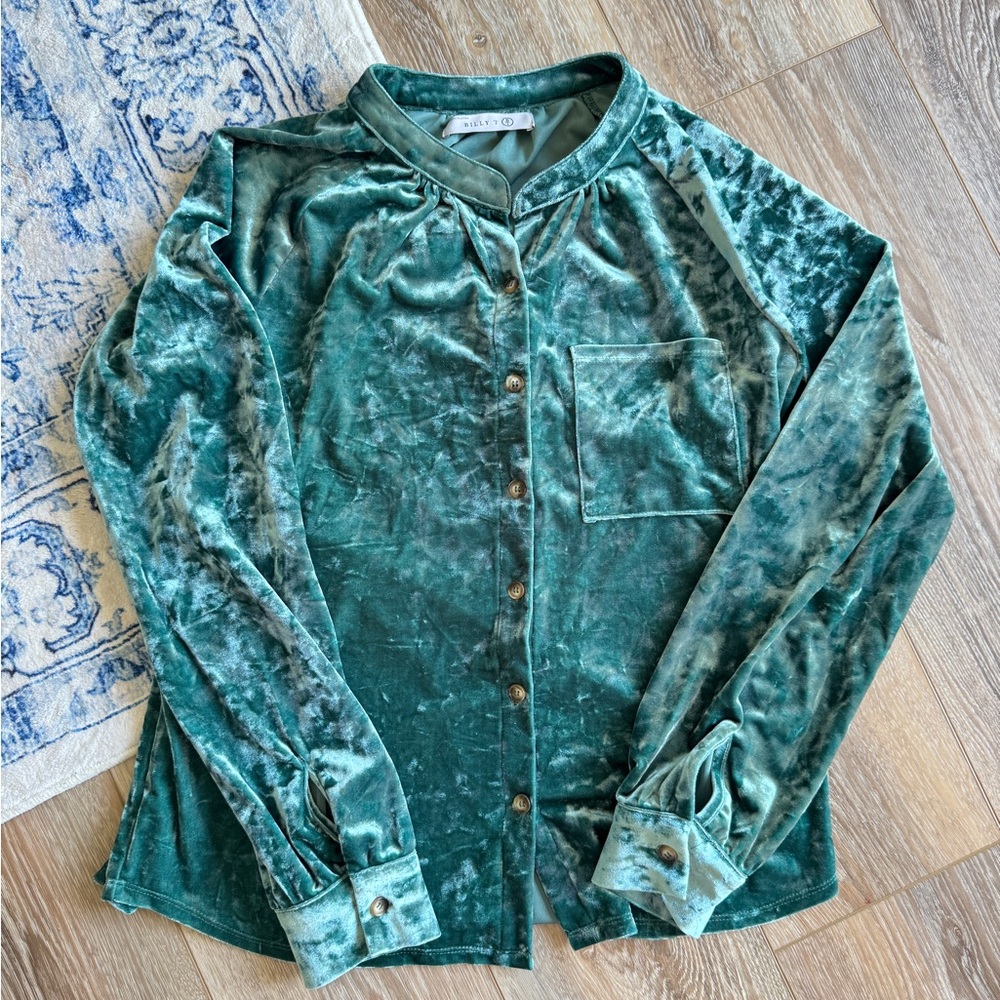 Billy T Green Teal Velvet Long Sleeved Button Up Blouse with Pocket